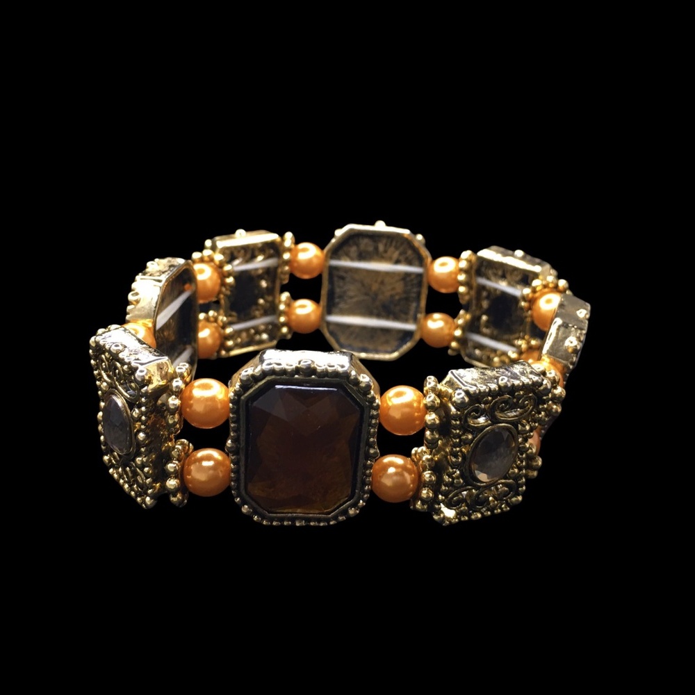 Vintage Faux Amber & Gold Stretch Bracelet